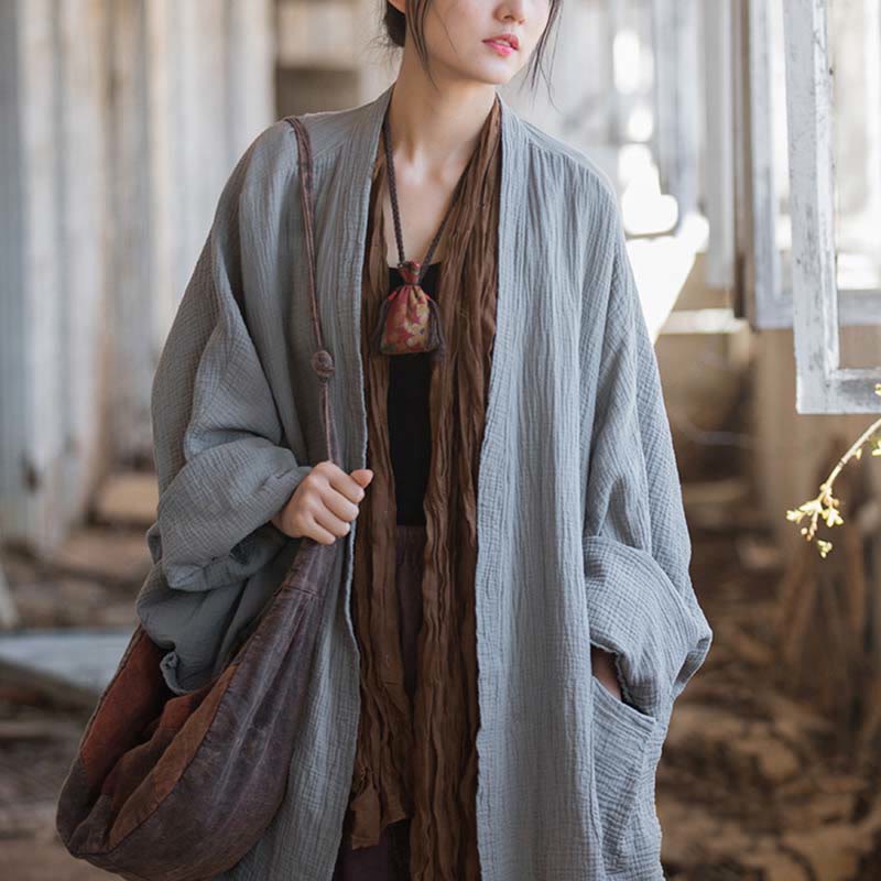 Buddha Stones Plain Design Long Sleeve Coat Zen Meditation Open Front Top Cotton Jacket - image 27