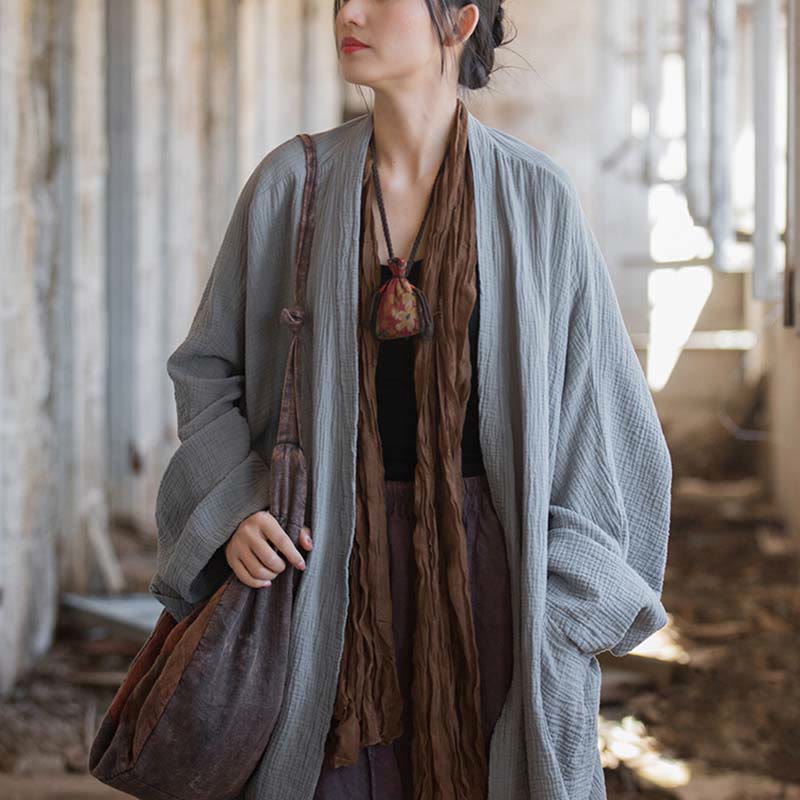Buddha Stones Plain Design Long Sleeve Coat Zen Meditation Open Front Top Cotton Jacket - image 29