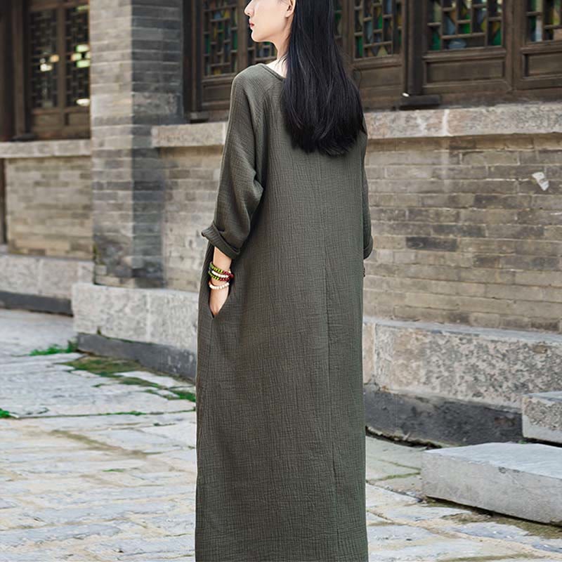 Buddha Stones Simple Midi Dress Cotton Linen Zen Tunic Dress With Pockets - image 2