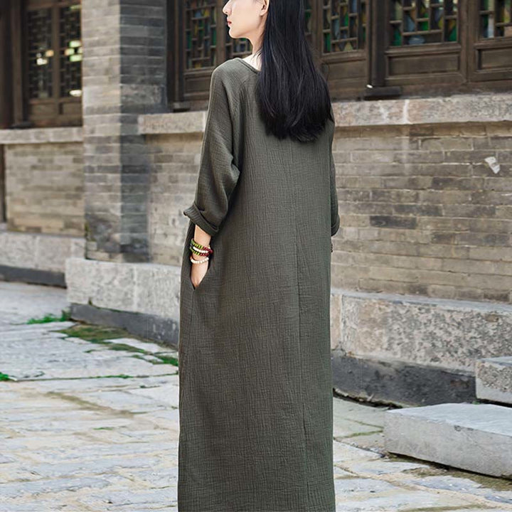 Buddha Stones Simple Midi Dress Cotton Linen Zen Tunic Dress With Pockets - image 2