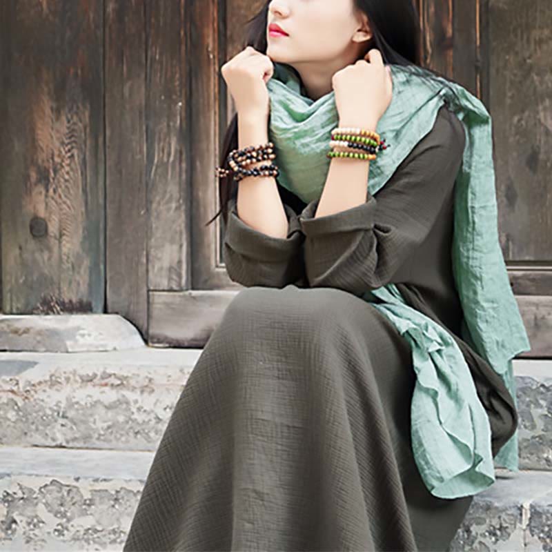 Buddha Stones Simple Midi Dress Cotton Linen Zen Tunic Dress With Pockets - image 3