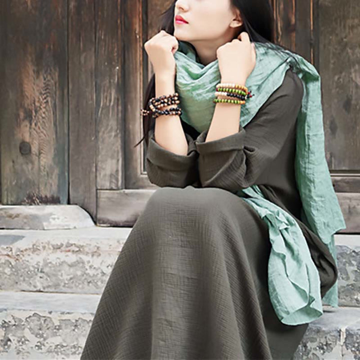Buddha Stones Simple Midi Dress Cotton Linen Zen Tunic Dress With Pockets - image 3