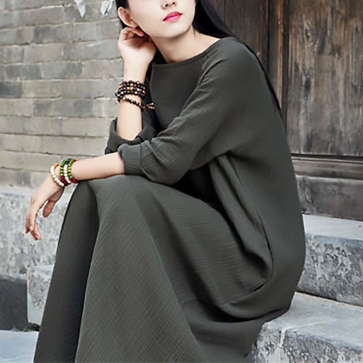 Buddha Stones Simple Midi Dress Cotton Linen Zen Tunic Dress With Pockets - image 6