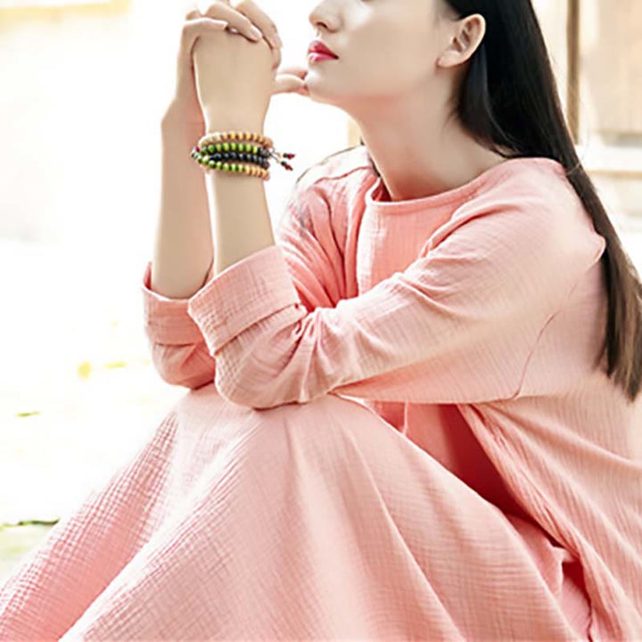 Buddha Stones Simple Midi Dress Cotton Linen Zen Tunic Dress With Pockets - image 16