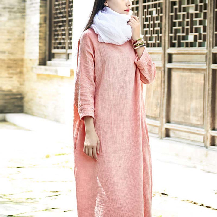 Buddha Stones Simple Midi Dress Cotton Linen Zen Tunic Dress With Pockets - image 11