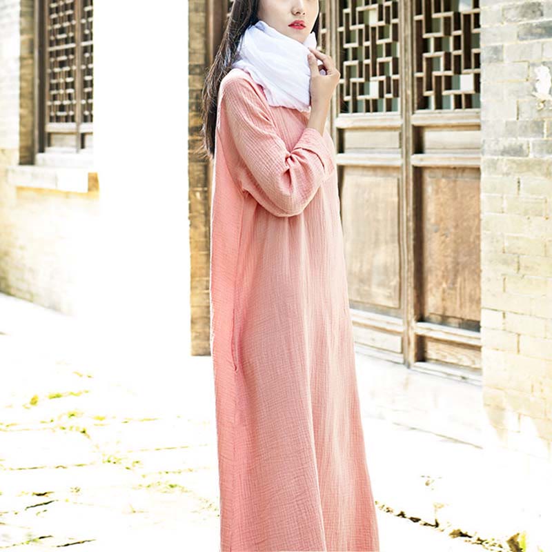 Buddha Stones Simple Midi Dress Cotton Linen Zen Tunic Dress With Pockets - image 12