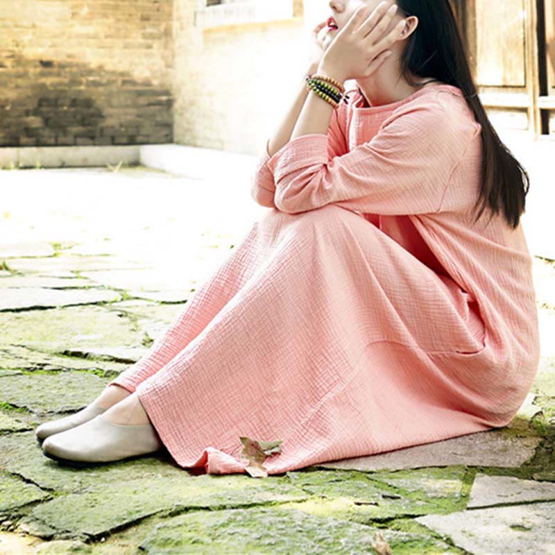 Buddha Stones Simple Midi Dress Cotton Linen Zen Tunic Dress With Pockets - image 14