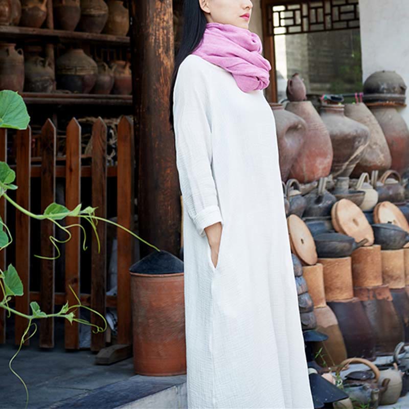 Buddha Stones Simple Midi Dress Cotton Linen Zen Tunic Dress With Pockets - image 24