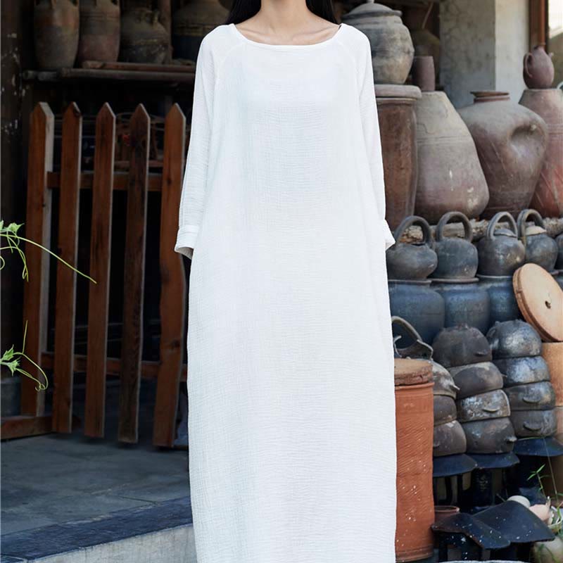 Buddha Stones Simple Midi Dress Cotton Linen Zen Tunic Dress With Pockets - image 25