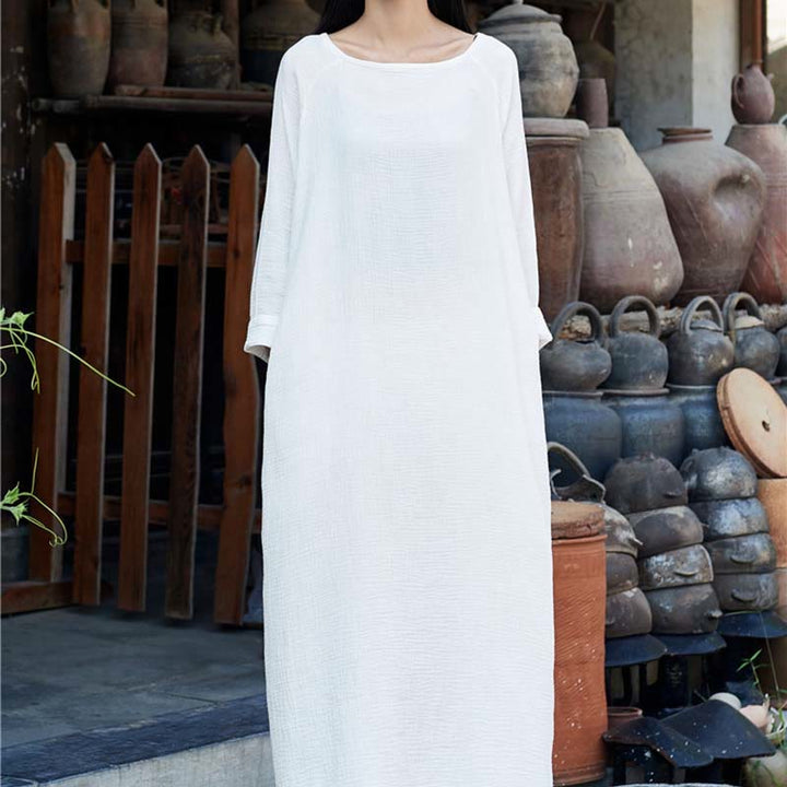 Buddha Stones Simple Midi Dress Cotton Linen Zen Tunic Dress With Pockets - image 25