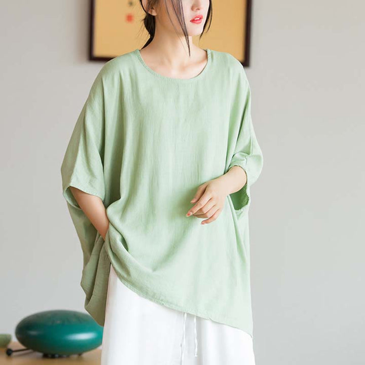Buddha Stones Solid Color Three Quarter Sleeve Top Loose Tee T-Shirt - Green(Bust 180cm/Length 64cm)(Top Only) - image 10