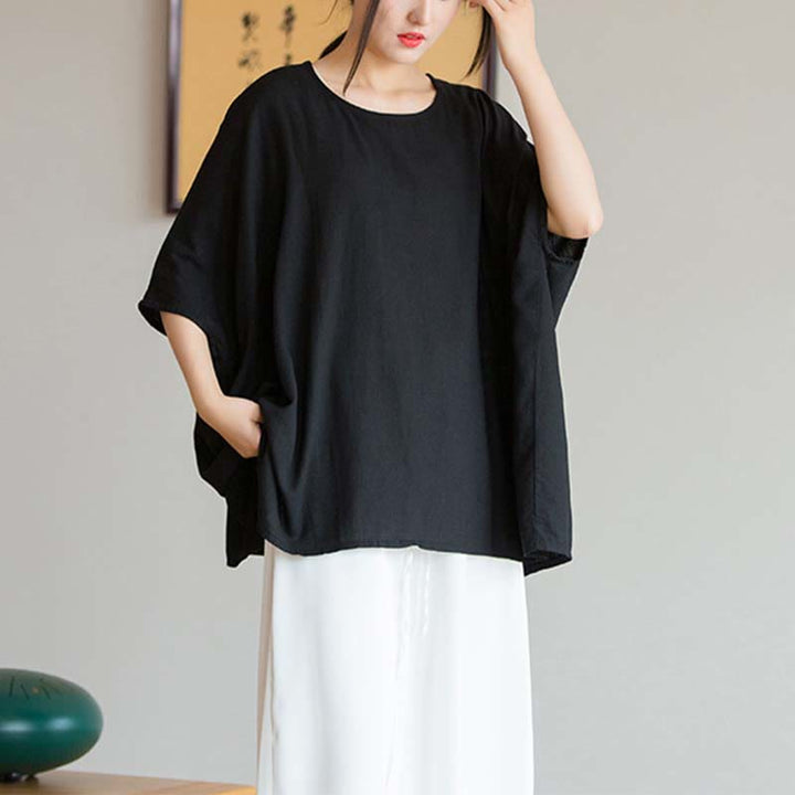 Buddha Stones Solid Color Three Quarter Sleeve Top Loose Tee T-Shirt - Black(Bust 180cm/Length 64cm)(Top Only) - image 19