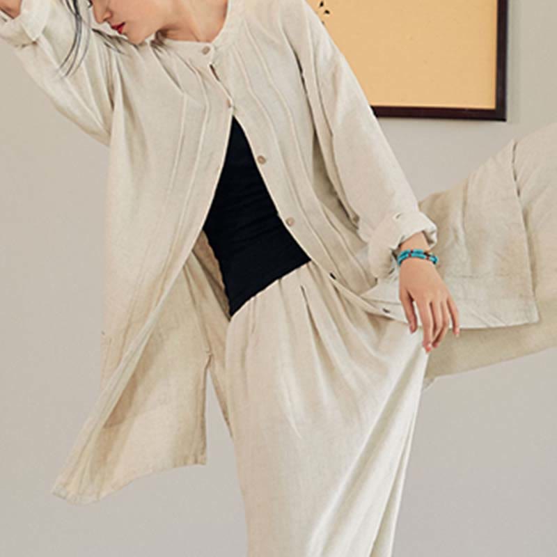 Buddha Stones Plain Long Sleeve Coat Jacket Top Wide Leg Pants Zen Tai Chi Yoga Meditation Clothing - Beige - Coat Only - US4-12，UK/AU8-16，EU36-44 (F) - image 1