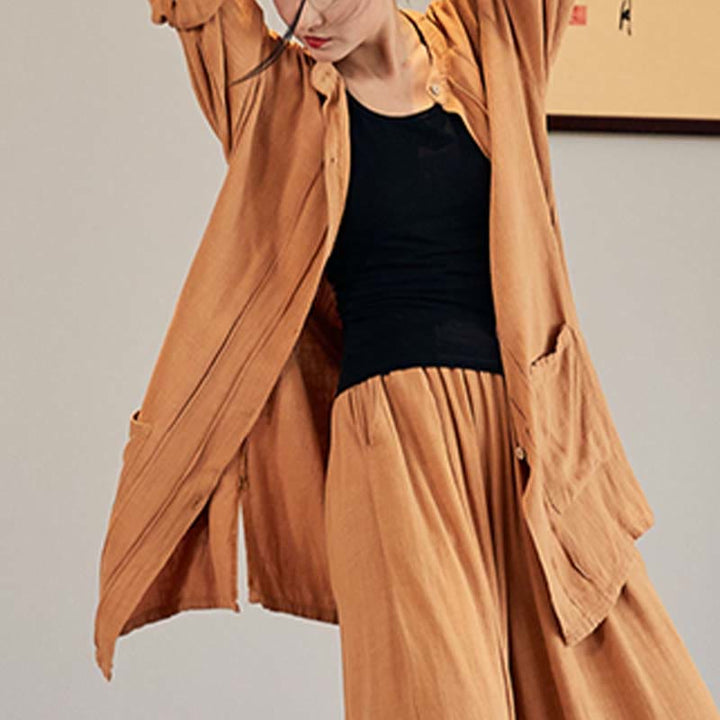 Buddha Stones Plain Long Sleeve Coat Jacket Top Wide Leg Pants Zen Tai Chi Yoga Meditation Clothing - Yellow - Coat Only - US4-12，UK/AU8-16，EU36-44 (F) - image 23