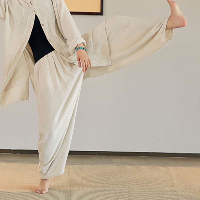 Buddha Stones Plain Long Sleeve Coat Jacket Top Wide Leg Pants Zen Tai Chi Yoga Meditation Clothing - Beige - Pants Only - US4-12，UK/AU8-16，EU36-44 (F) - image 2
