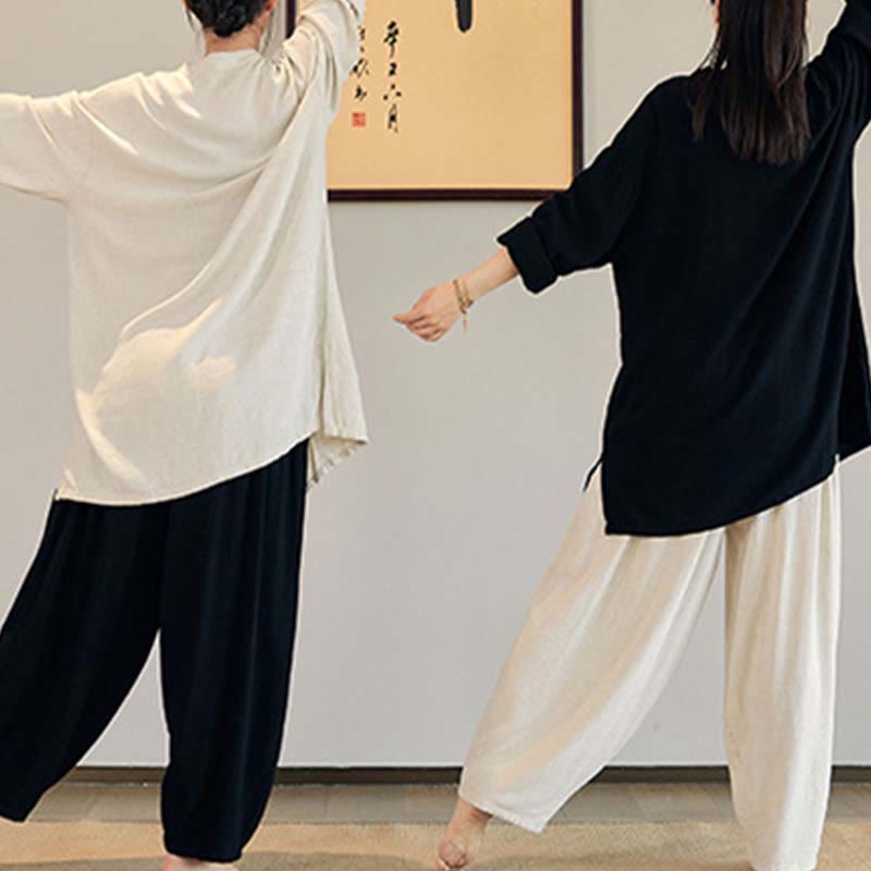 Buddha Stones Plain Long Sleeve Coat Jacket Top Wide Leg Pants Zen Tai Chi Yoga Meditation Clothing