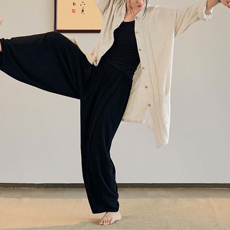 Buddha Stones Plain Long Sleeve Coat Jacket Top Wide Leg Pants Zen Tai Chi Yoga Meditation Clothing - image 22