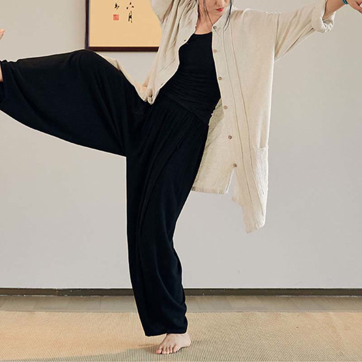 Buddha Stones Plain Long Sleeve Coat Jacket Top Wide Leg Pants Zen Tai Chi Yoga Meditation Clothing - image 22