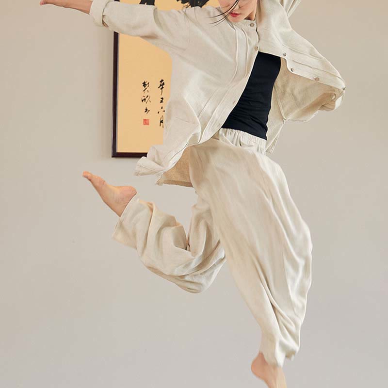 Buddha Stones Plain Long Sleeve Coat Jacket Top Wide Leg Pants Zen Tai Chi Yoga Meditation Clothing - image 4