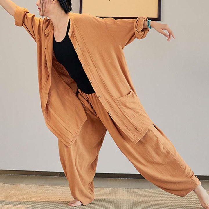 Buddha Stones Plain Long Sleeve Coat Jacket Top Wide Leg Pants Zen Tai Chi Yoga Meditation Clothing