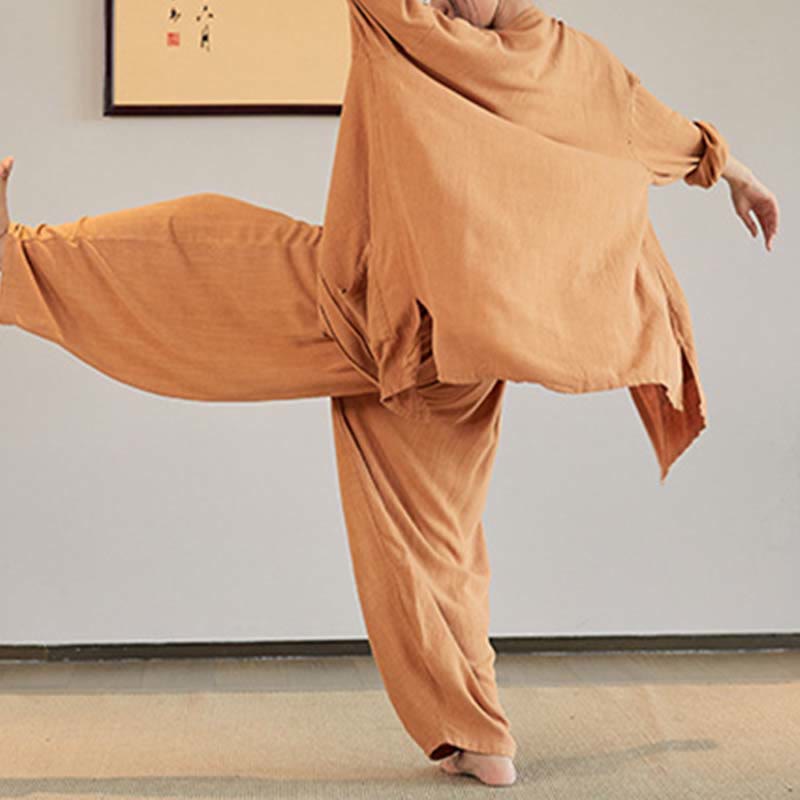 Buddha Stones Plain Long Sleeve Coat Jacket Top Wide Leg Pants Zen Tai Chi Yoga Meditation Clothing