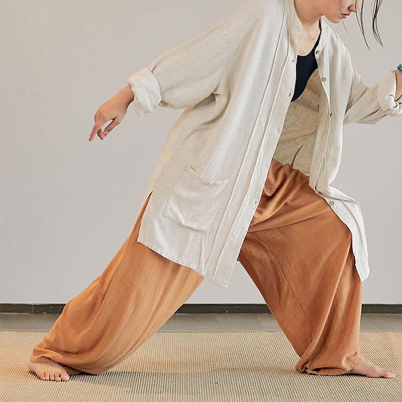 Buddha Stones Plain Long Sleeve Coat Jacket Top Wide Leg Pants Zen Tai Chi Yoga Meditation Clothing