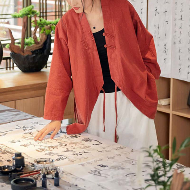 Buddha Stones Frog-Button Hanfu Design Long Sleeve Coat Zen Meditation Open Front Top Jacket - image 3