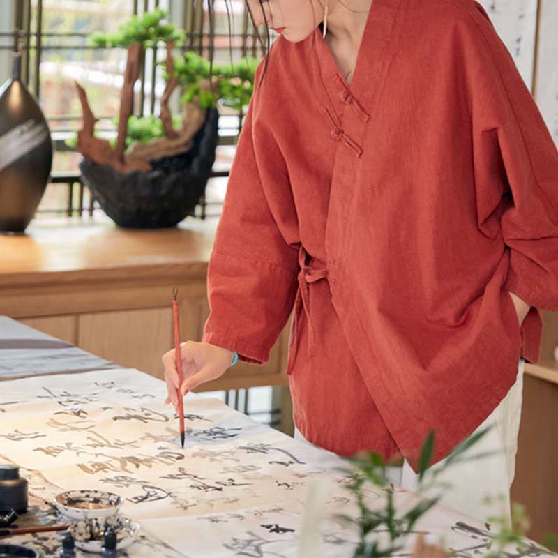 Buddha Stones Frog-Button Hanfu Design Long Sleeve Coat Zen Meditation Open Front Top Jacket - image 6