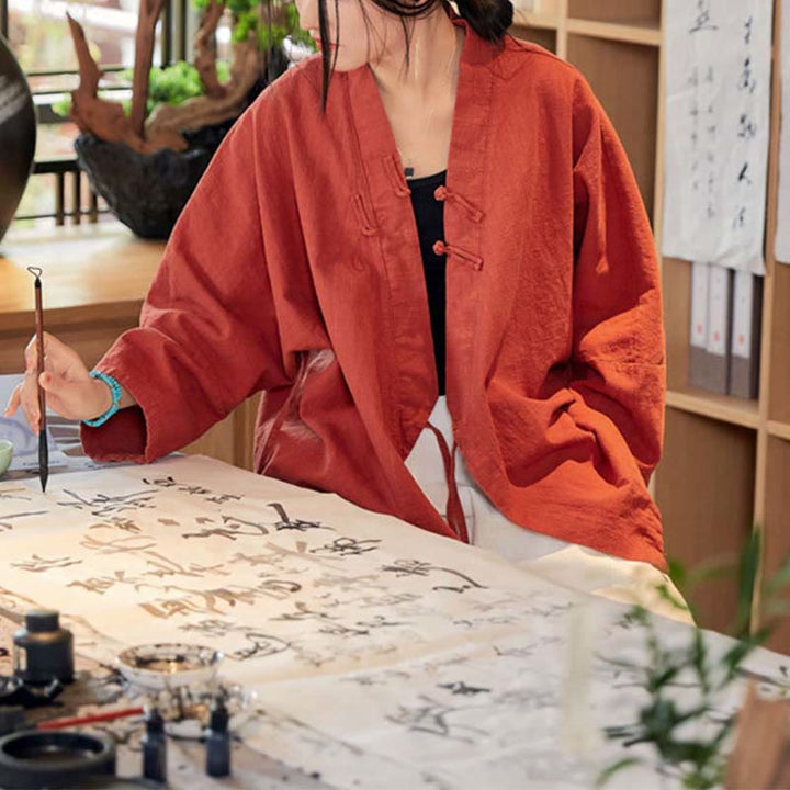 Buddha Stones Frog-Button Hanfu Design Long Sleeve Coat Zen Meditation Open Front Top Jacket - image 2
