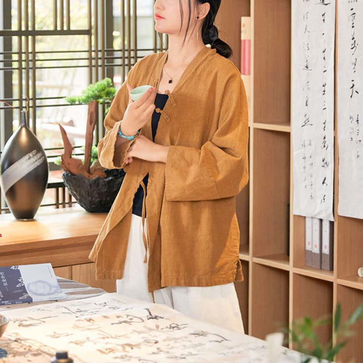 Buddha Stones Frog-Button Hanfu Design Long Sleeve Coat Zen Meditation Open Front Top Jacket - image 14