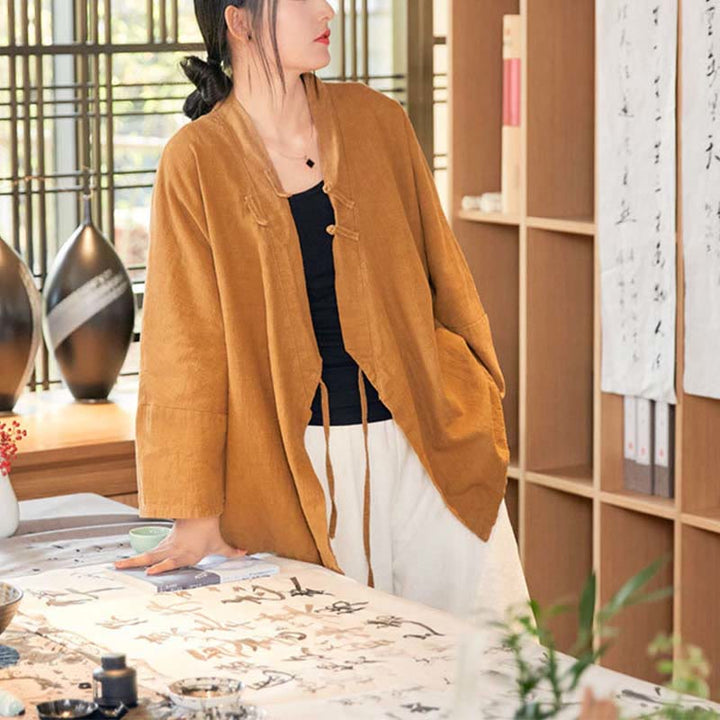 Buddha Stones Frog-Button Hanfu Design Long Sleeve Coat Zen Meditation Open Front Top Jacket - image 12