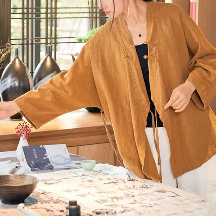 Buddha Stones Frog-Button Hanfu Design Long Sleeve Coat Zen Meditation Open Front Top Jacket - image 13