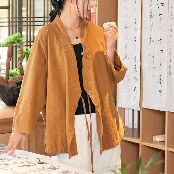 Buddha Stones Frog-Button Hanfu Design Long Sleeve Coat Zen Meditation Open Front Top Jacket