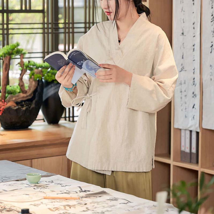 Buddha Stones Frog-Button Hanfu Design Long Sleeve Coat Zen Meditation Open Front Top Jacket - image 18