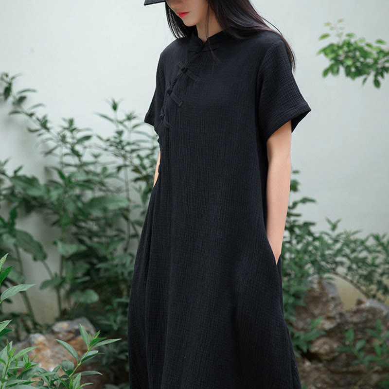Buddha Stones Frog-Button Midi Dress Cotton Linen Short Sleeve Dress With Pockets - image 5