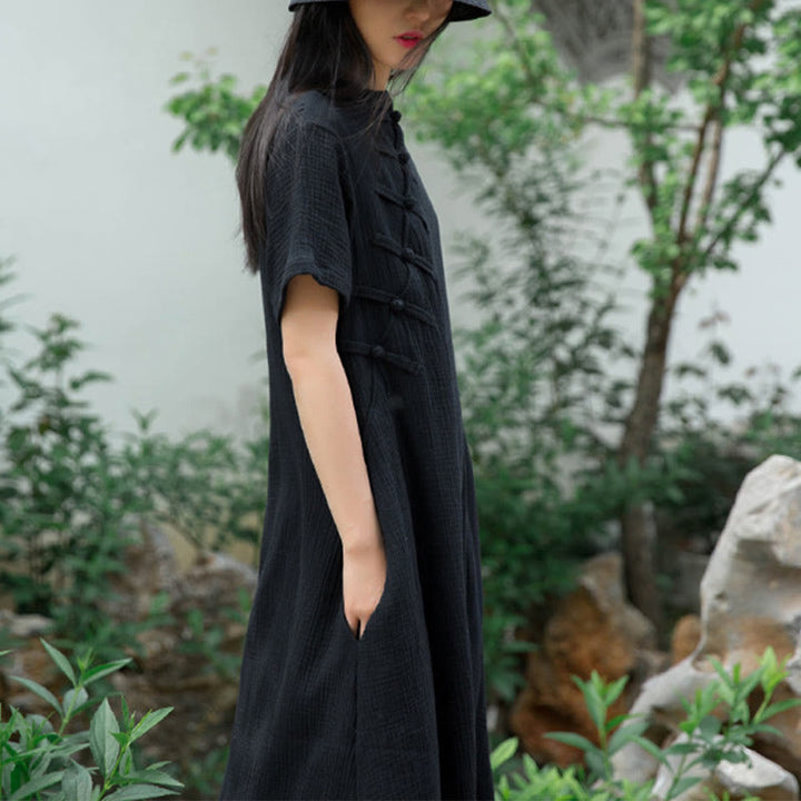 Buddha Stones Frog-Button Midi Dress Cotton Linen Short Sleeve Dress With Pockets - image 3