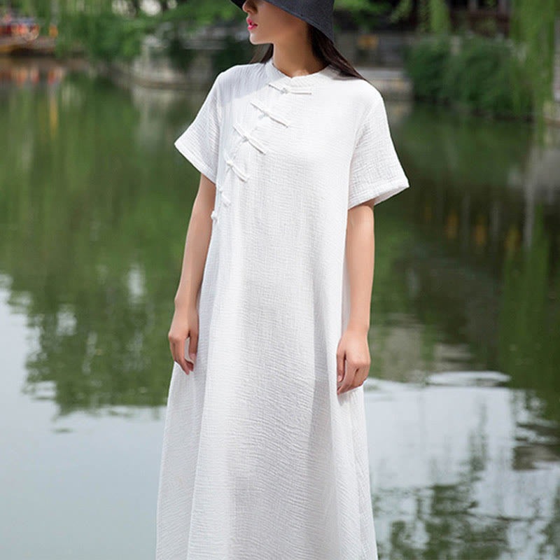 Buddha Stones Frog-Button Midi Dress Cotton Linen Short Sleeve Dress With Pockets - White(Bust 96cm/Length 119cm)(Dress Only) - image 9