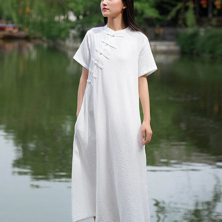 Buddha Stones Frog-Button Midi Dress Cotton Linen Short Sleeve Dress With Pockets - image 10