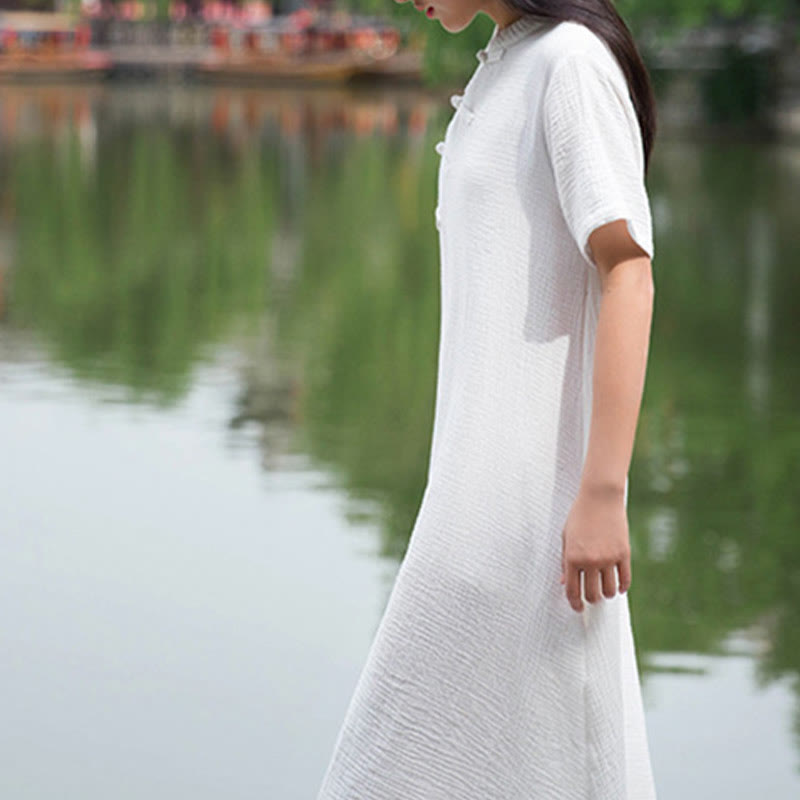 Buddha Stones Frog-Button Midi Dress Cotton Linen Short Sleeve Dress With Pockets - image 18
