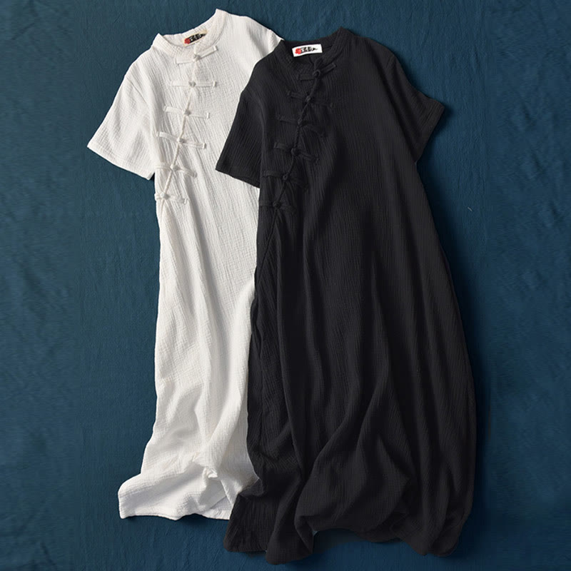 Buddha Stones Frog-Button Midi Dress Cotton Linen Short Sleeve Dress With Pockets - image 27