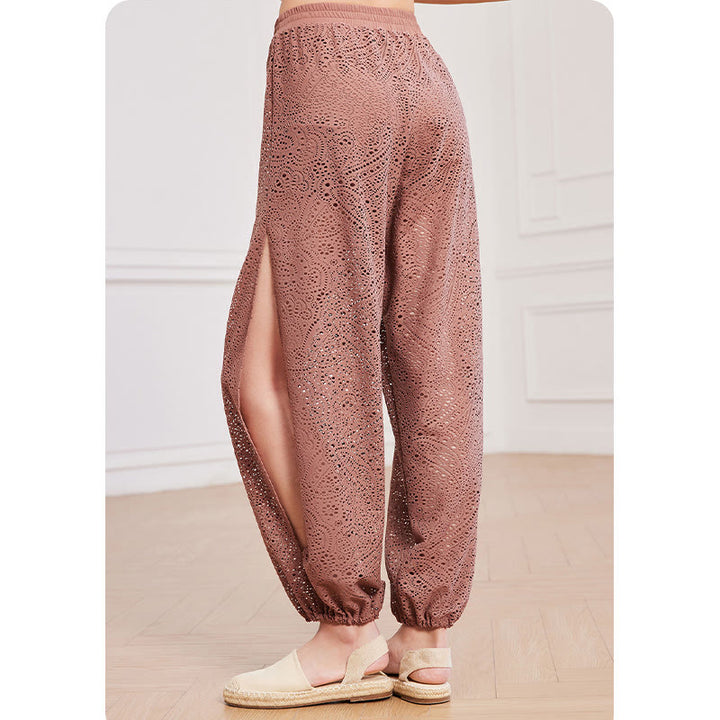 Buddha Stones Cashew Flowers Pattern Loose Harem Trousers Women's Yoga Pants With Side Split