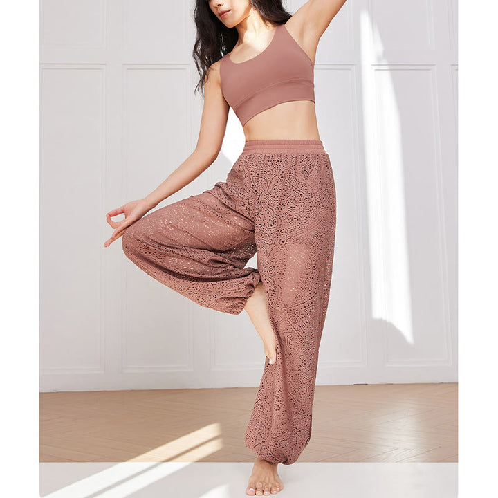 Buddha Stones Cashew Flowers Pattern Loose Harem Trousers Women's Yoga Pants With Side Split