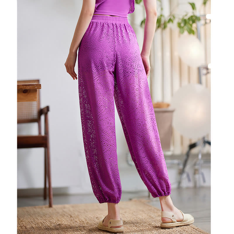 Buddha Stones Cashew Flowers Pattern Loose Harem Trousers Women's Yoga Pants With Side Split