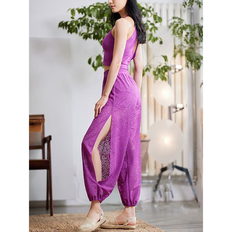 Buddha Stones Cashew Flowers Pattern Loose Harem Trousers Women's Yoga Pants With Side Split