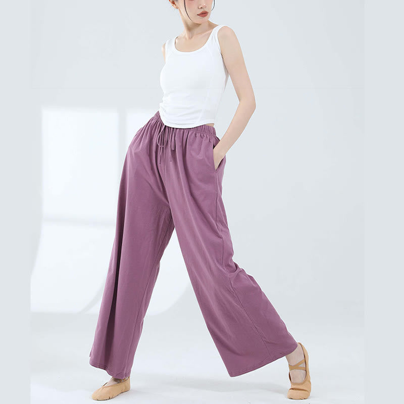 Buddha Stones Loose Cotton Drawstring Wide Leg Pants For Yoga Dance With Pockets