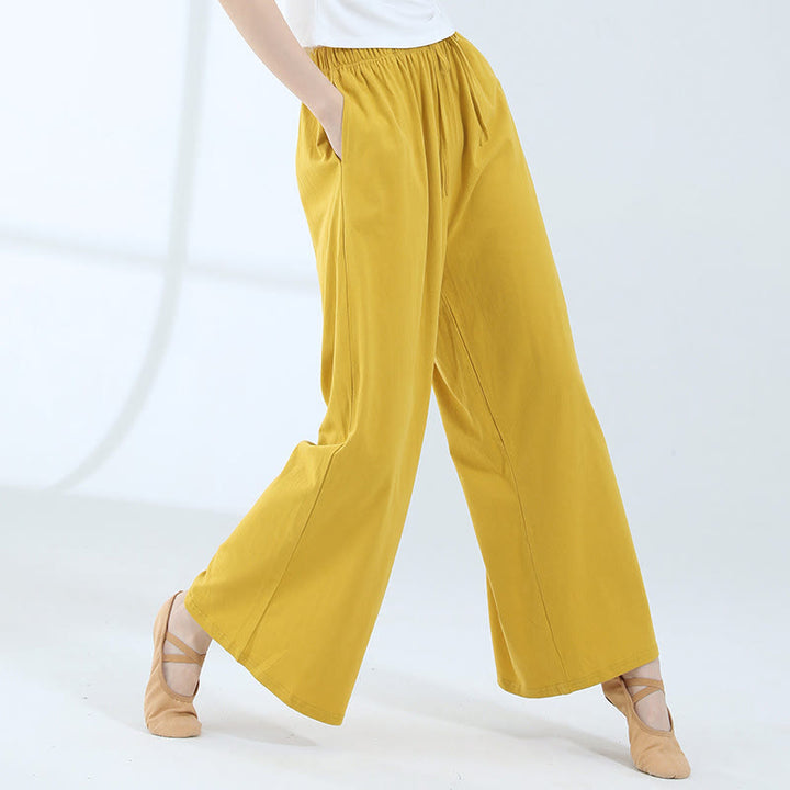 Buddha Stones Loose Cotton Drawstring Wide Leg Pants For Yoga Dance With Pockets