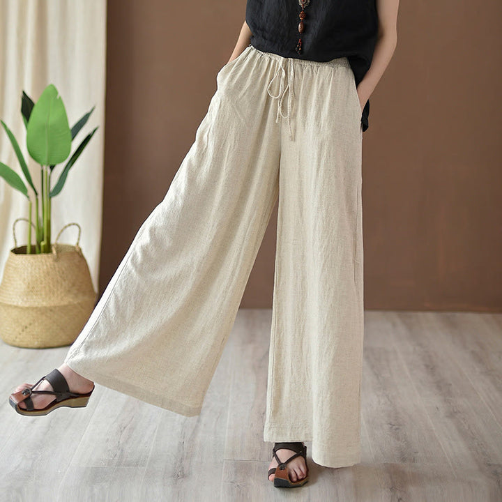 Buddha Stones Loose Cotton Linen Drawstring Wide Leg Pants With Pockets