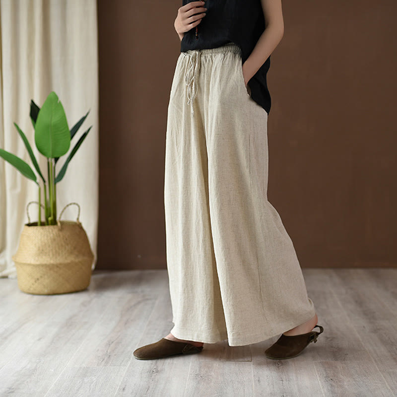 Buddha Stones Loose Cotton Linen Drawstring Wide Leg Pants With Pockets - image 1