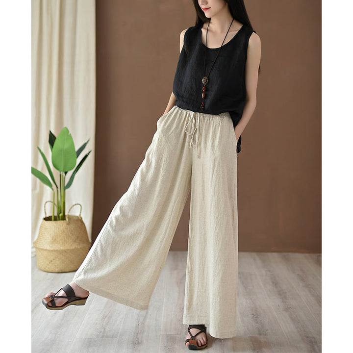 Buddha Stones Loose Cotton Linen Drawstring Wide Leg Pants With Pockets