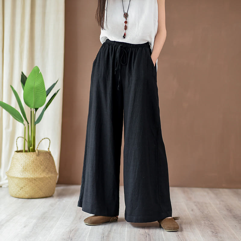 Buddha Stones Loose Cotton Linen Drawstring Wide Leg Pants With Pockets